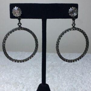 Vintage Pair Drop Round Rhinestone Earrings in Silvertone (2in)